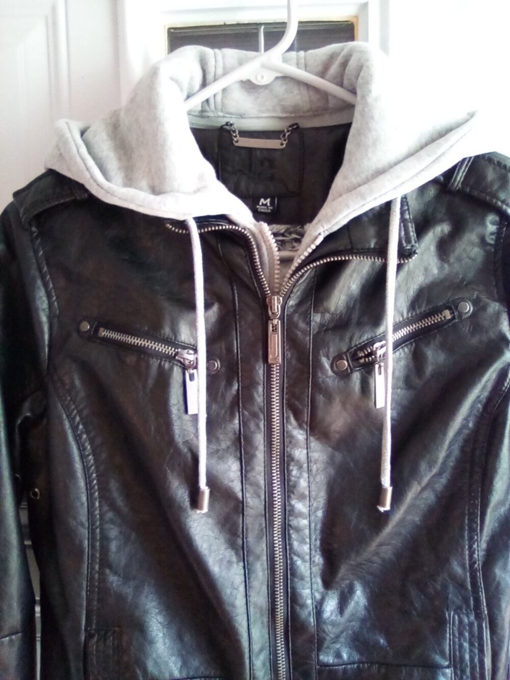 J2 by Jou Jou Black Faux Leather Hooded Biker Moto Jacket Size Medium Fur Lined - Picture 3 of 5